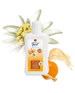 A photo of JUST Sun Care Milk SPF50 and coral friendly logo